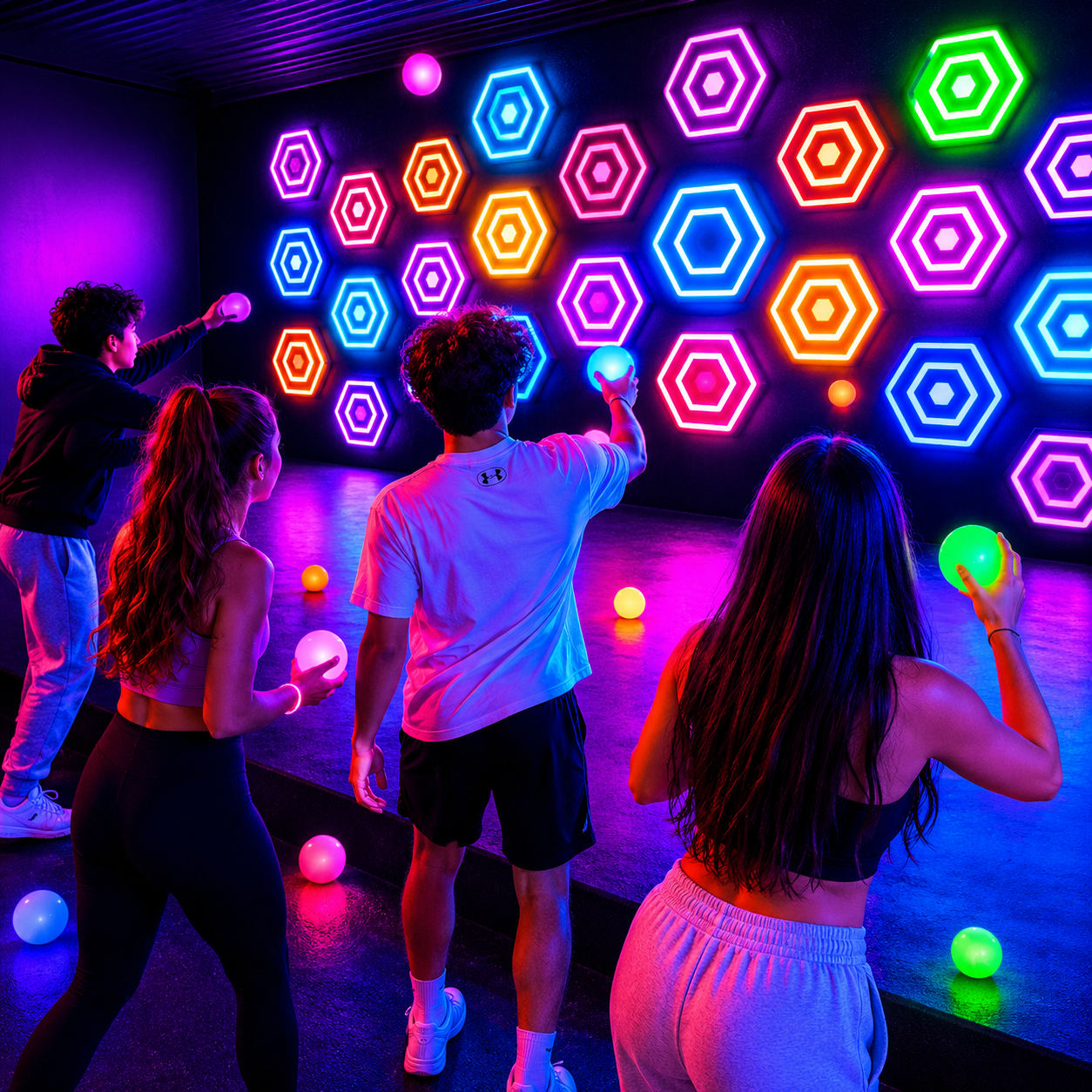 Jugadores lanzando pelotas a objetivos hexagonales de neón en la sala Arena.