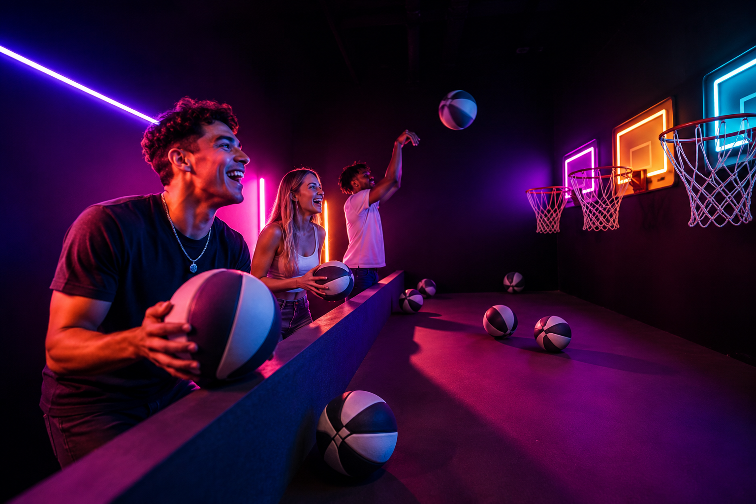 Jugadores lanzando balones hacia mini aros iluminados en la sala Hoops.
